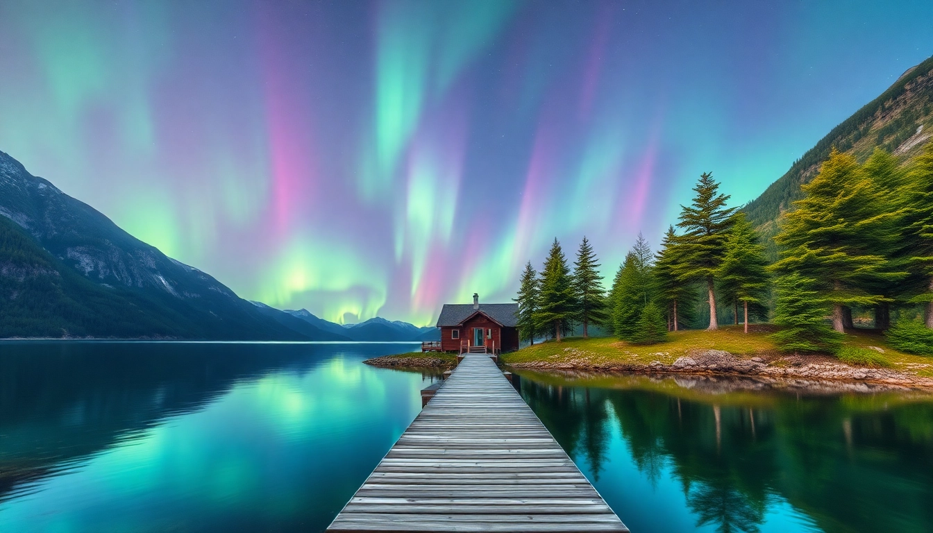 Erleben Sie einen Skandinavien-Urlaub mit einem atemberaubenden Blick auf die Nordlichter über einem ruhigen Fjord.