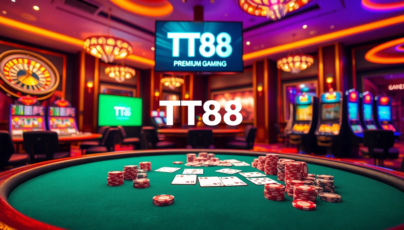 Experience thrilling gameplay at TT88 casino, showcasing poker chips and roulette wheels in an elegant setting.