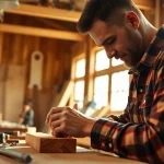 Skilled carpenter crafting woodwork with precision in a well-lit workshop.