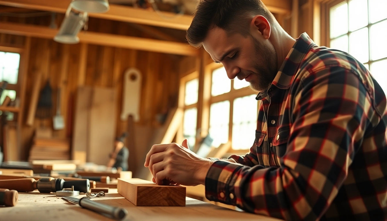 Skilled carpenter crafting woodwork with precision in a well-lit workshop.