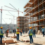 Workers actively engaged in construction activities on a vibrant site.