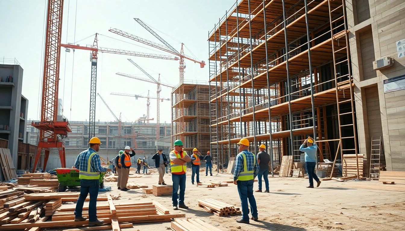 Workers actively engaged in construction activities on a vibrant site.