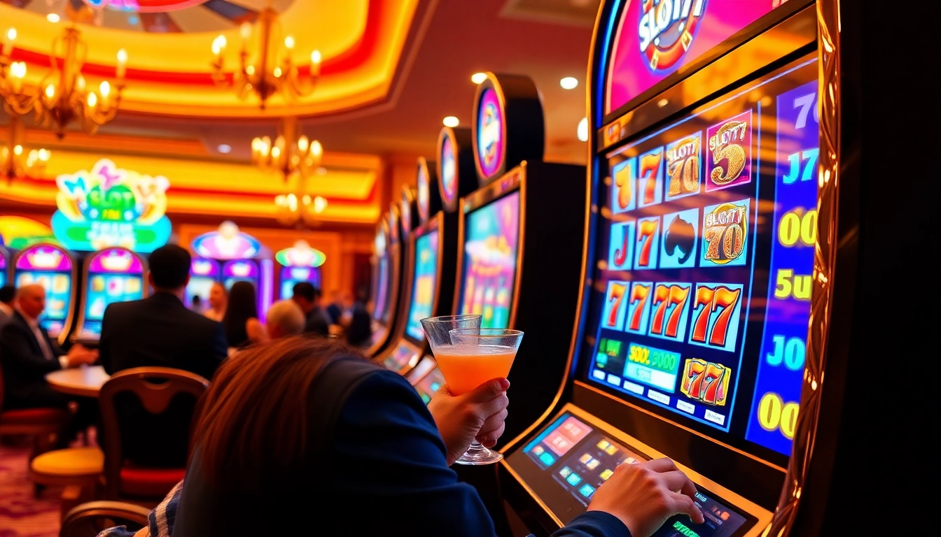 Engaged player enjoying Slot777 gaming experience in a vibrant casino setting.