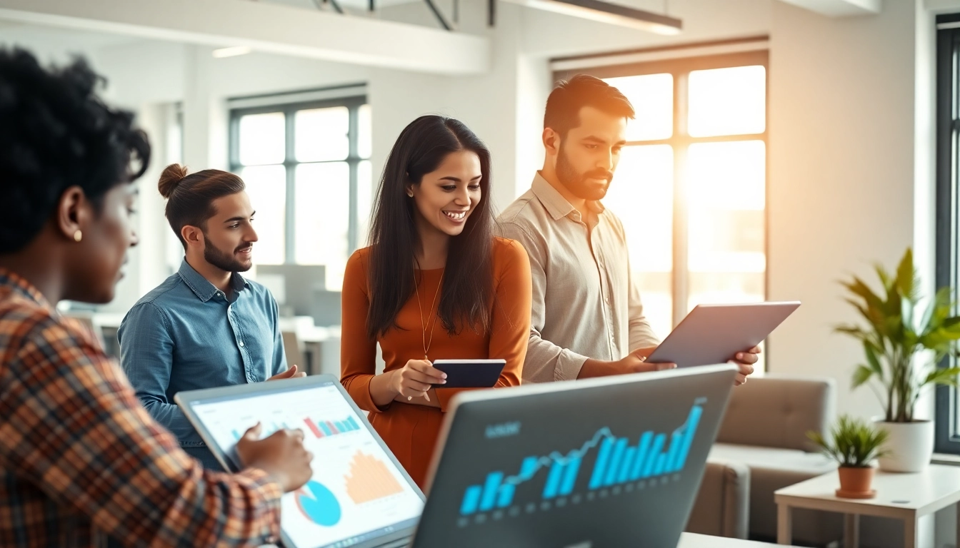 Versicherungen vergleichen in einem modernen Büro, wo ein Team an Daten arbeitet.
