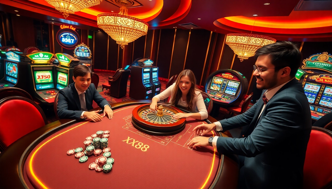 Exciting gambling atmosphere at XX88 casino with vibrant tables and joyful players.