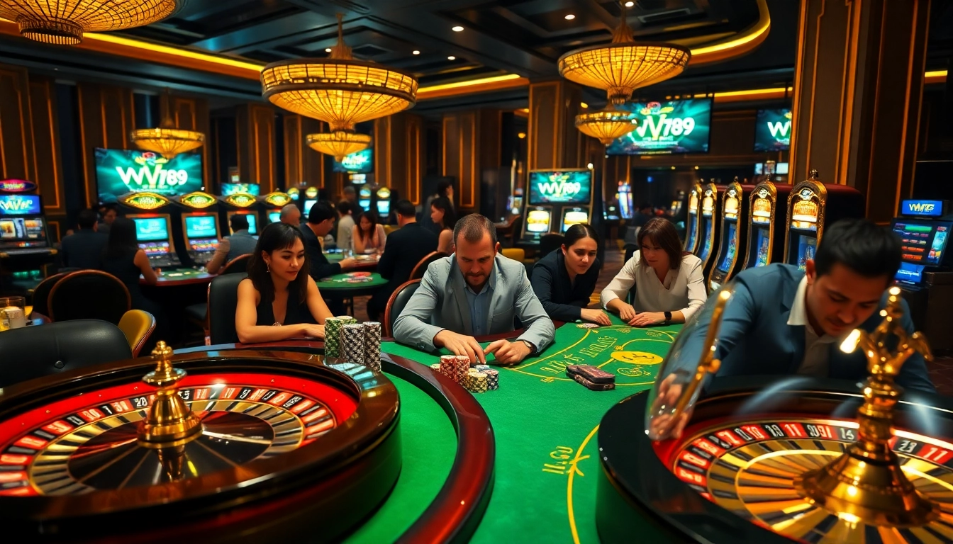 Players enjoying a thrilling gambling experience at VN789 casino tables with vibrant slot machines.
