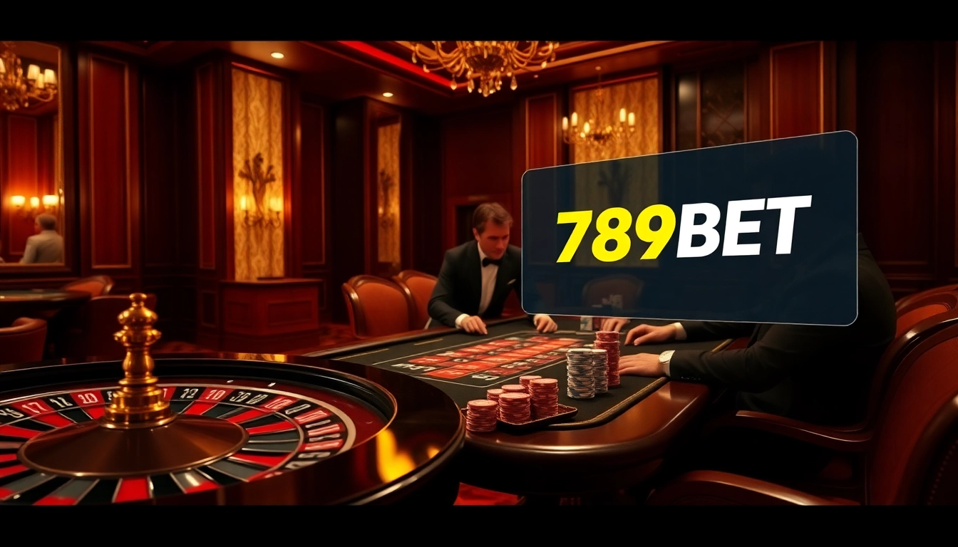Engaging players enjoying high stakes at a casino table with 789BET branding prominently featured.