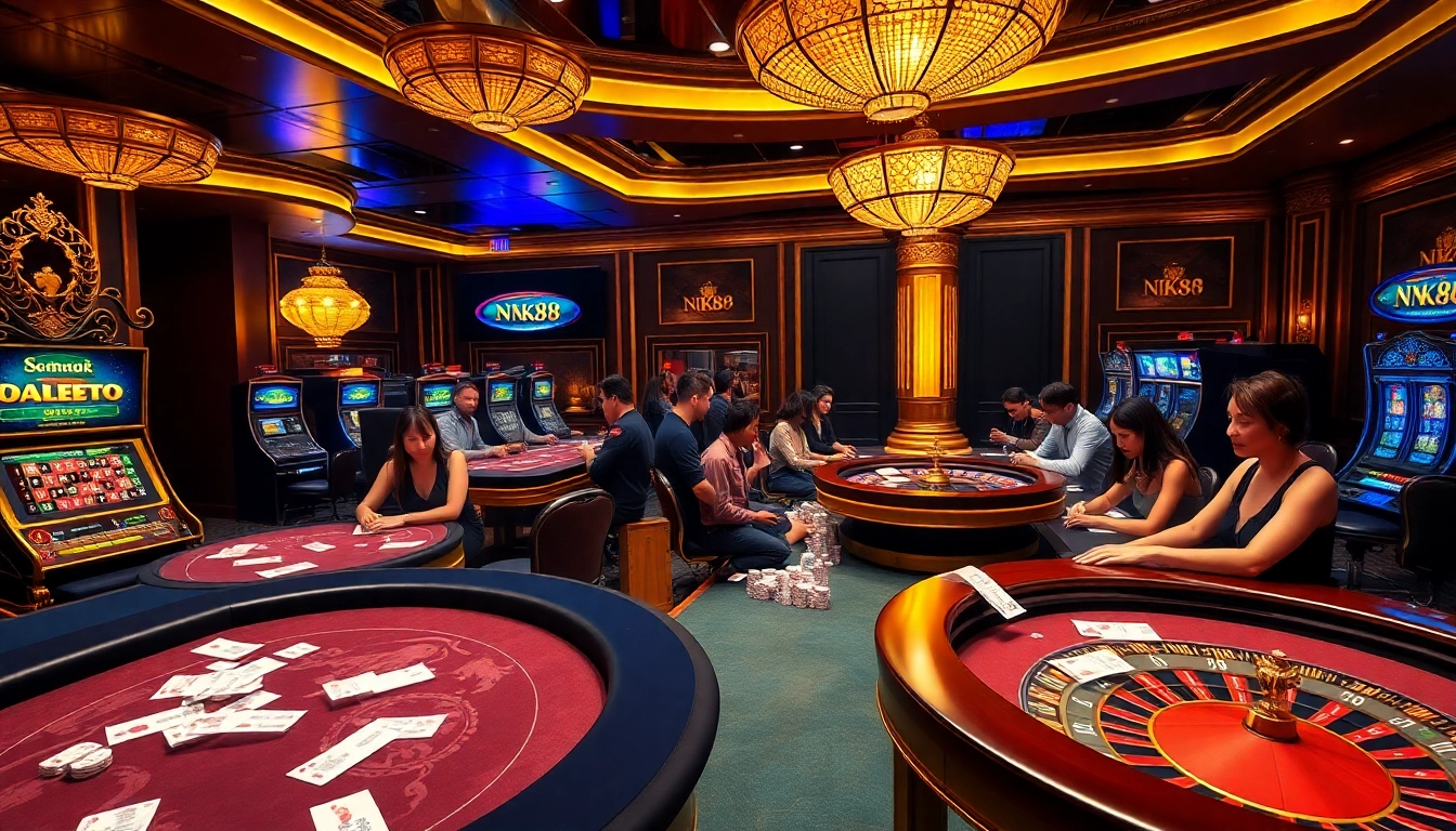 Thrilling NK88 gambling scene with vibrant casino tables, engaging players and luxurious decor.