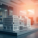 3d visualisierung eines prächtigen Architekturmodells auf einem eleganten Schreibtisch.