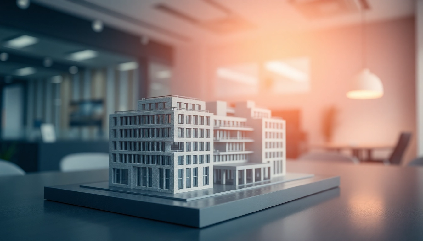 3d visualisierung eines prächtigen Architekturmodells auf einem eleganten Schreibtisch.