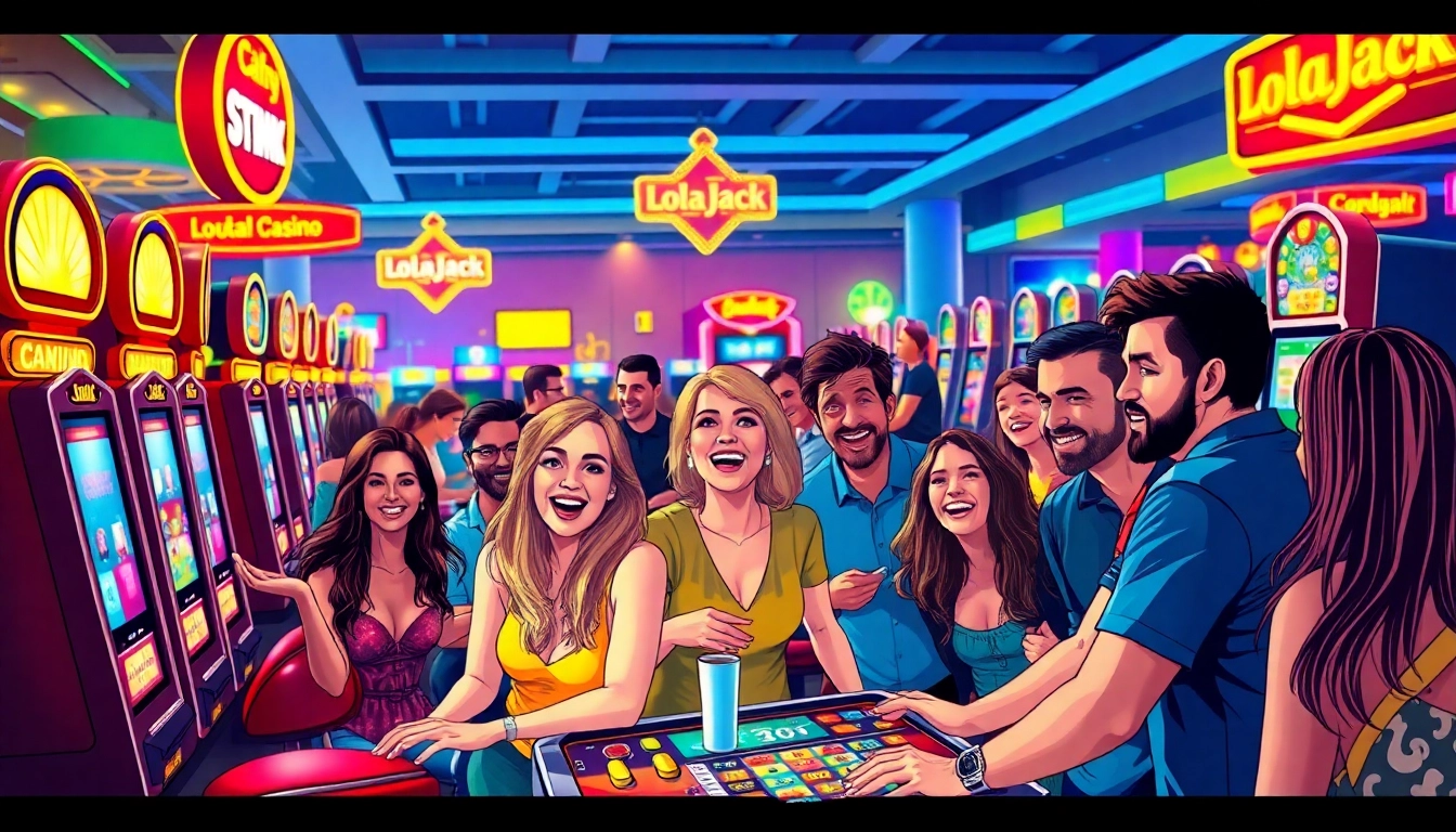 Erlebe spannende Spiele und Freude in LolaJack Germany Casino, mit fröhlichen Spielern und bunten Lichtern. related image